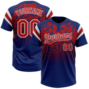 Custom Royal Red-White Gradient Geometric Grid Sleeve Stripes Two-Button Unisex Softball Jersey