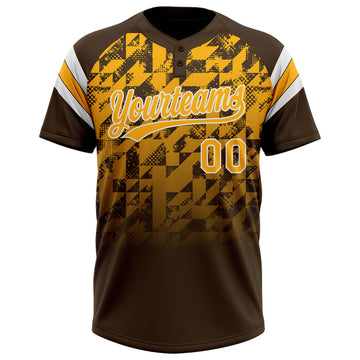 Custom Brown Gold-White Gradient Geometric Grid Sleeve Stripes Two-Button Unisex Softball Jersey