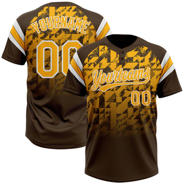 Custom Brown Gold-White Gradient Geometric Grid Sleeve Stripes Two-Button Unisex Softball Jersey