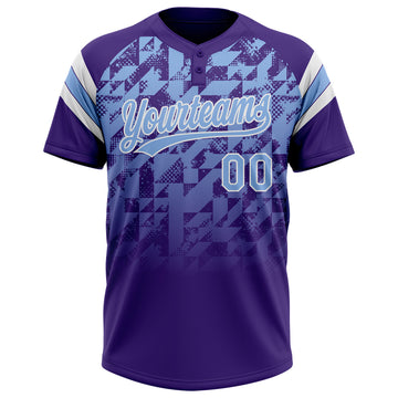 Custom Purple Light Blue-White Gradient Geometric Grid Sleeve Stripes Two-Button Unisex Softball Jersey