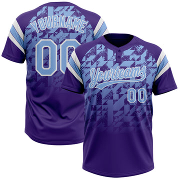 Custom Purple Light Blue-White Gradient Geometric Grid Sleeve Stripes Two-Button Unisex Softball Jersey