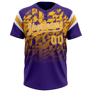 Custom Purple Gold-White Gradient Geometric Grid Sleeve Stripes Two-Button Unisex Softball Jersey