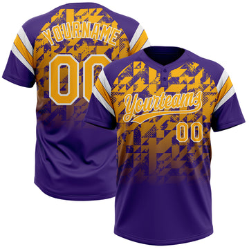Custom Purple Gold-White Gradient Geometric Grid Sleeve Stripes Two-Button Unisex Softball Jersey