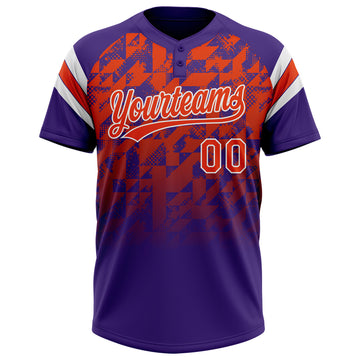 Custom Purple Orange-White Gradient Geometric Grid Sleeve Stripes Two-Button Unisex Softball Jersey