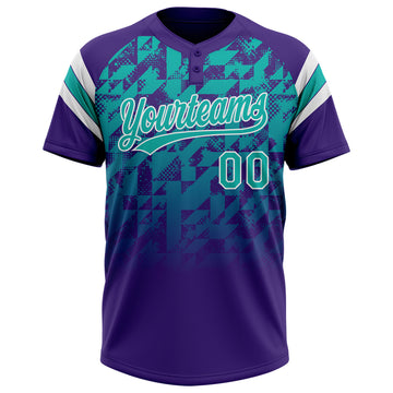 Custom Purple Aqua-White Gradient Geometric Grid Sleeve Stripes Two-Button Unisex Softball Jersey