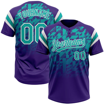 Custom Purple Aqua-White Gradient Geometric Grid Sleeve Stripes Two-Button Unisex Softball Jersey