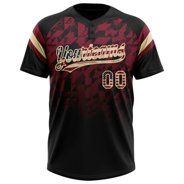 Custom Black Vintage USA Flag Crimson-Cream Gradient Geometric Grid Sleeve Stripes Two-Button Unisex Softball Jersey