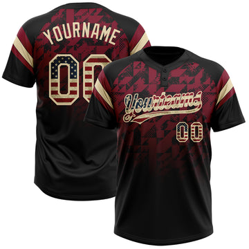 Custom Black Vintage USA Flag Crimson-Cream Gradient Geometric Grid Sleeve Stripes Two-Button Unisex Softball Jersey