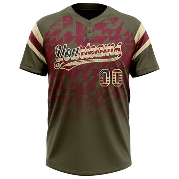 Custom Olive Vintage USA Flag Crimson-Cream Gradient Geometric Grid Sleeve Stripes Two-Button Unisex Softball Jersey