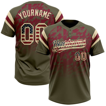 Custom Olive Vintage USA Flag Crimson-Cream Gradient Geometric Grid Sleeve Stripes Two-Button Unisex Softball Jersey