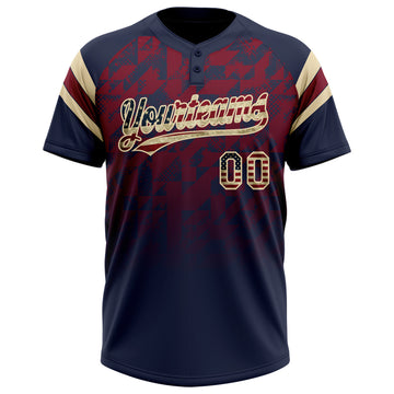 Custom Navy Vintage USA Flag Crimson-Cream Gradient Geometric Grid Sleeve Stripes Two-Button Unisex Softball Jersey
