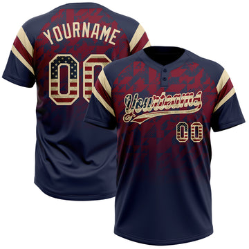 Custom Navy Vintage USA Flag Crimson-Cream Gradient Geometric Grid Sleeve Stripes Two-Button Unisex Softball Jersey