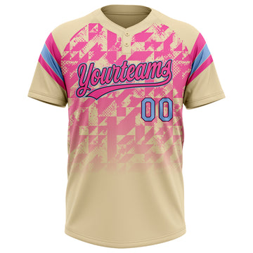 Custom Cream Light Blue Pink-Black Gradient Geometric Grid Sleeve Stripes Two-Button Unisex Softball Jersey