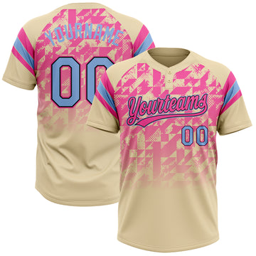 Custom Cream Light Blue Pink-Black Gradient Geometric Grid Sleeve Stripes Two-Button Unisex Softball Jersey
