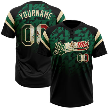 Custom Black Vintage Mexican Flag Kelly Green-Cream Gradient Geometric Grid Sleeve Stripes Two-Button Unisex Softball Jersey