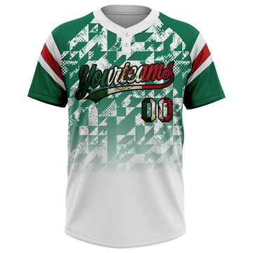 Custom White Vintage Mexican Flag Kelly Green Black-Red Gradient Geometric Grid Sleeve Stripes Two-Button Unisex Softball Jersey