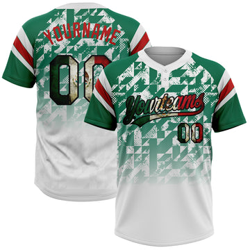 Custom White Vintage Mexican Flag Kelly Green Black-Red Gradient Geometric Grid Sleeve Stripes Two-Button Unisex Softball Jersey