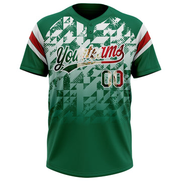 Custom Kelly Green Vintage Mexican Flag White-Red Gradient Geometric Grid Sleeve Stripes Two-Button Unisex Softball Jersey