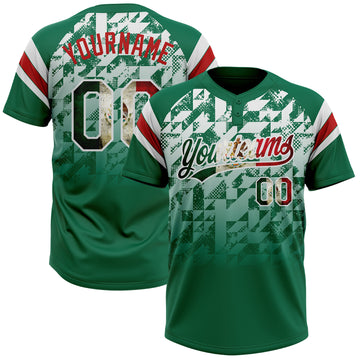 Custom Kelly Green Vintage Mexican Flag White-Red Gradient Geometric Grid Sleeve Stripes Two-Button Unisex Softball Jersey