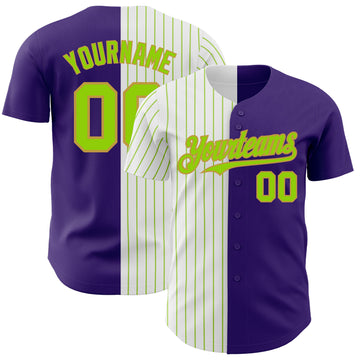 Custom Purple Old Gold-Neon Green Pinstripe Authentic Split Fashion Baseball Jersey