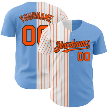 Custom Light Blue Black-Orange Pinstripe Authentic Split Fashion Baseball Jersey