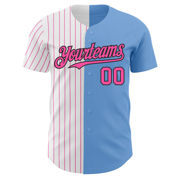 Custom Light Blue Black-Pink Pinstripe Authentic Split Fashion Baseball Jersey