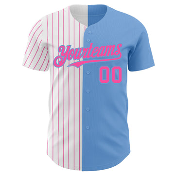 Custom Light Blue White-Pink Pinstripe Authentic Split Fashion Baseball Jersey