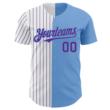 Custom Light Blue White-Purple Pinstripe Authentic Split Fashion Baseball Jersey