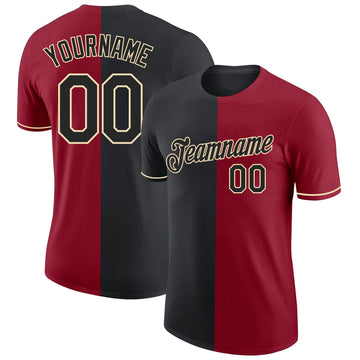 Custom Crimson Black-Cream Split Fashion Performance T-Shirt