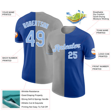 Custom Royal Light Blue-Gray Split Fashion Performance T-Shirt