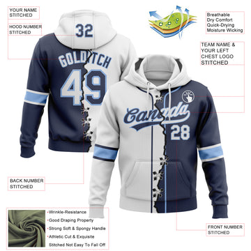 Custom Navy White-Light Blue Split Ripped Pattern Baseball Pullover Sweatshirt Hoodie