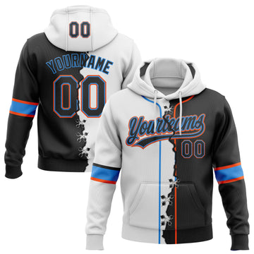 Custom White Black Powder Blue-Orange Split Ripped Pattern Baseball Pullover Sweatshirt Hoodie