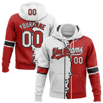 Custom Red White-Black Split Ripped Pattern Baseball Pullover Sweatshirt Hoodie