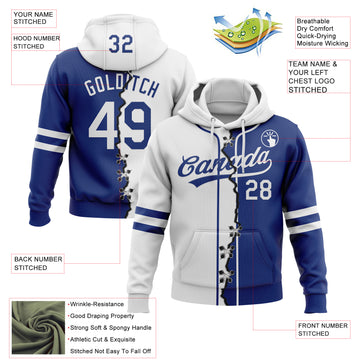 Custom Royal White Split Ripped Pattern Baseball Pullover Sweatshirt Hoodie