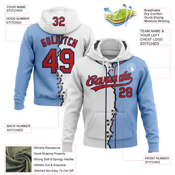 Custom Light Blue Red-Navy Split Ripped Pattern Baseball Pullover Sweatshirt Hoodie