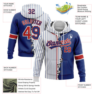 Custom Royal Red-White Pinstripe Split Ripped Pattern Baseball Pullover Sweatshirt Hoodie