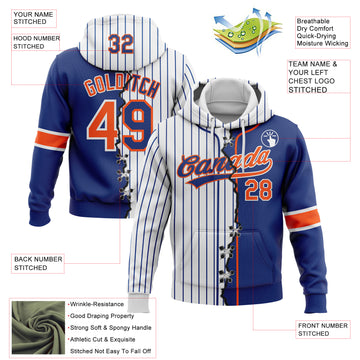 Custom Royal Orange-White Pinstripe Split Ripped Pattern Baseball Pullover Sweatshirt Hoodie