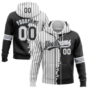Custom Black White-Gray Pinstripe Split Ripped Pattern Baseball Pullover Sweatshirt Hoodie