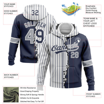 Custom Navy Gray-White Pinstripe Split Ripped Pattern Baseball Pullover Sweatshirt Hoodie