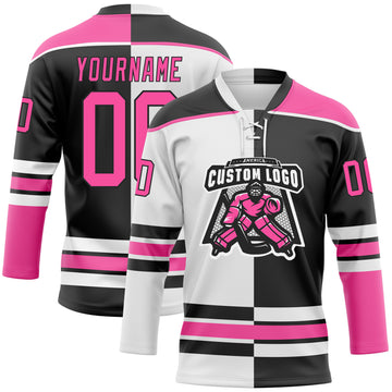 Custom Black Pink-White Split Fashion Hockey Lace Neck Jersey