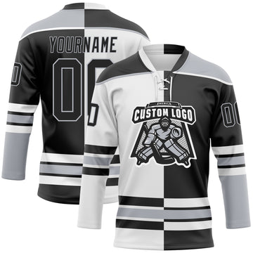 Custom Black Gray-White Split Fashion Hockey Lace Neck Jersey