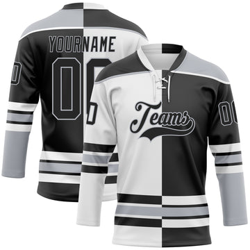 Custom Black Gray-White Split Fashion Hockey Lace Neck Jersey