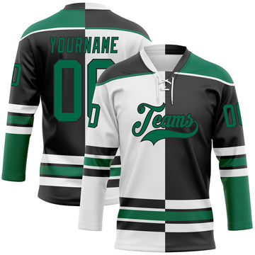 Custom Black Kelly Green-White Split Fashion Hockey Lace Neck Jersey