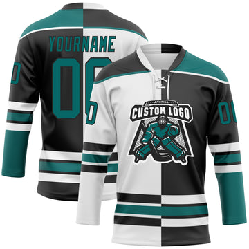 Custom Black Teal-White Split Fashion Hockey Lace Neck Jersey