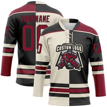 Custom Black Crimson-Cream Split Fashion Hockey Lace Neck Jersey