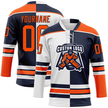 Custom Navy Orange-White Split Fashion Hockey Lace Neck Jersey