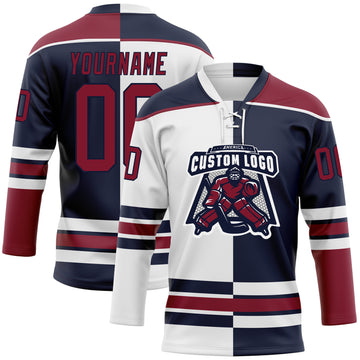 Custom Navy Crimson-White Split Fashion Hockey Lace Neck Jersey