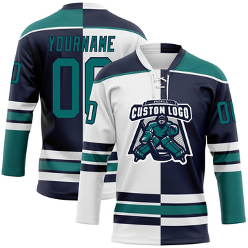 Custom Navy Teal-White Split Fashion Hockey Lace Neck Jersey
