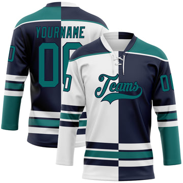 Custom Navy Teal-White Split Fashion Hockey Lace Neck Jersey