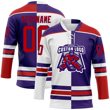 Custom Purple Red-White Split Fashion Hockey Lace Neck Jersey